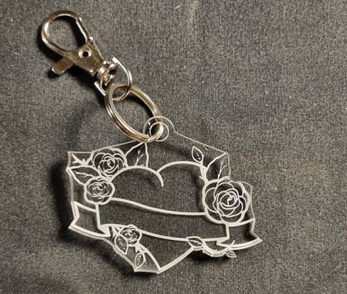 Porte-clés Coeur rose ruban, attache, cadeau, accroche, médaillon, gravure